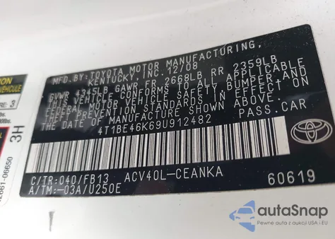 2009 Toyota Camry Le z USA, uszkodzony, nr VIN 4T1BE46K69U912482